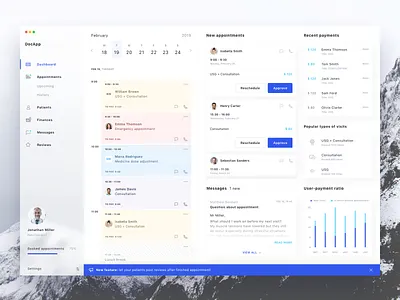 Medical Managing App - Dashboard app appointments blue blur calendar dashboard medical navigation notification stats ui ux white