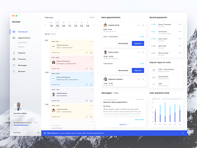Medical Managing App - Dashboard app appointments blue blur calendar dashboard medical navigation notification stats ui ux white