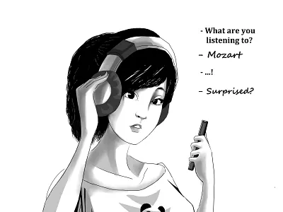 Japanese Girl art artwork asia asian black black white design drawing illustration japan japanese mozart music music art surprise surprised white and black white background woman woman illustration