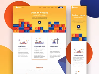 Sloppy.Io Landing Page 800x600 beautiful blue bold container docker hosting docker ship dockers on island germany hosting platform icons illustration landing page user interface vector web design yellow