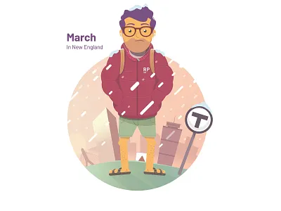 March In New England art boston cartoon city cute design glasses guy illustration jacket new england person skyline snow spring winter