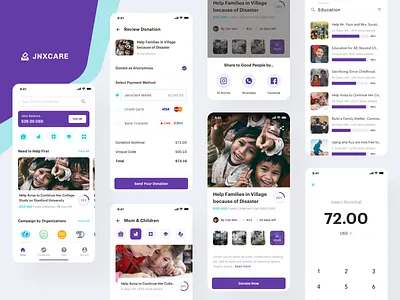 JenxCare - Donation and Charity Apps app apps charity concept crowdfunding crowdfunding campaign design digital donation dribbble good people interface nice people purple sebo simple ui ux