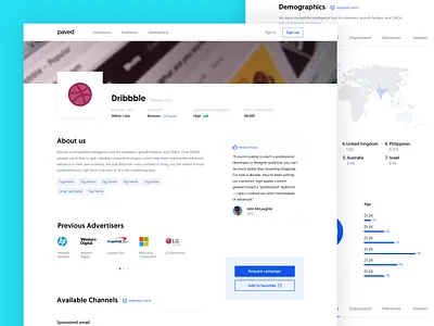 Paved – Publisher Profile app company data email homepage interface landing page marketplace popup product profile ui webpage