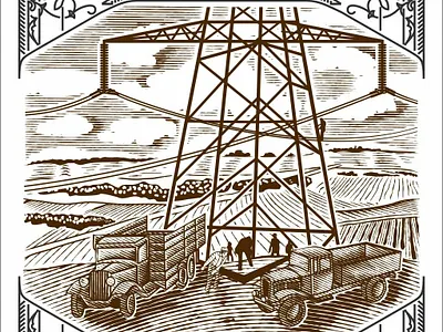 Watershed Book Cover artdeco book cover design cars dam design electricity etching hand drawn illustration line art old school scratchboard vector vintage