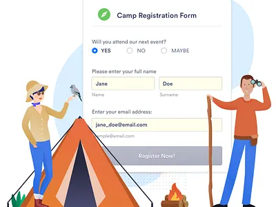 Camping/event organization app blog camping editorial event event app explore fire form homepage illistration landing life modal design organization page register register form woman womans