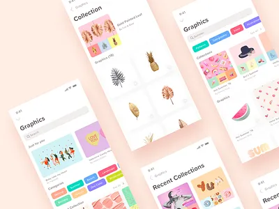 Graphics Library app cards collections content filtering graphics horizontal scroll ios layout library search tags ui user interface design