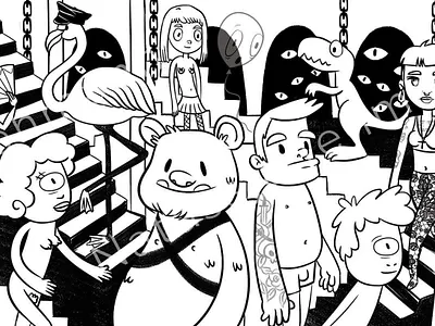The Zoo animals berghain berlin blackandwhite character characterart characterdesign characters club comic creatures darkrooms dinosaur escher flamingo funny humans illustration nightclub techno
