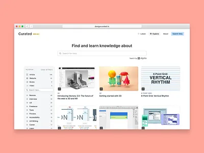 🎉 Curated is live! app card clean curated data design facets filters knowledge learning links minimal news search simple ui ux