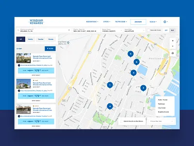 Wyndham Rewards Hotel Selection blue finder hotel hotel app hotel booking map ui white