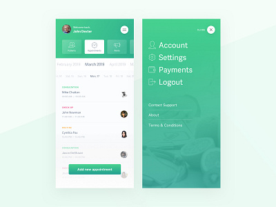 NutriMe UI [First screens] app ui app ux appointments screen consultations screen eat healthy health app ios app ui ios app ux menu expanded screen app mobile app design nutrition app
