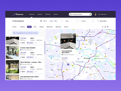 Real estate map buy filters find house interaction items map property real estate rent search sort ui ux wroclaw