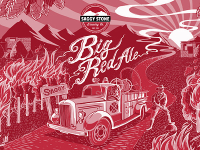 Saggy Stone beer can character drawing fire illustration lettering packaging truck typography