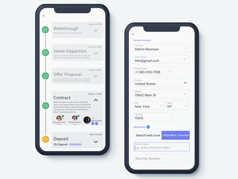 Realtor Process address clean confirmation dark dark blue drop down forms green ios list mobile payment payment form process real estate real estate app realtor sketch theme ui