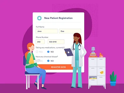 Healthcare blog break arm chair component data doctor editorial form form design healthcare hipaa hospital illustration jotform landing page landing page nurse patient red head secure data