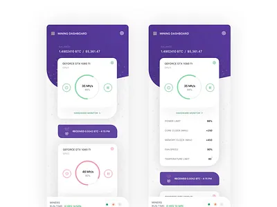 Bitcoin Hashrate Cards Fun app bitcoin clean concept crypto dashboard design finance flat icon interface ios iphone mobile portfolio product design sketch ui ux web