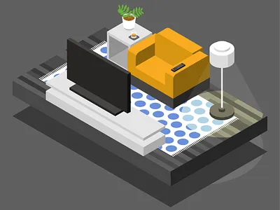 Isometric Couch Potato animation black children couch design flat gold grey illustration isometric isometric art isometric design living room minimal modern tv vector yellow