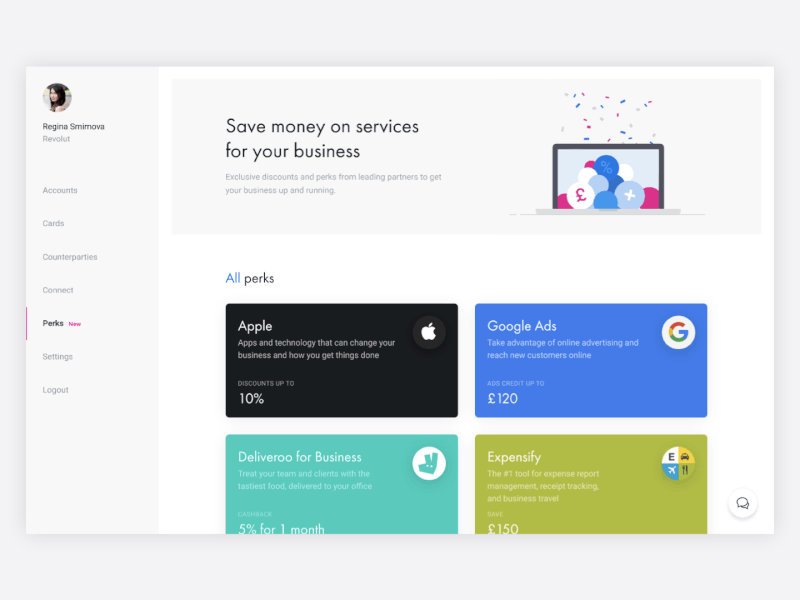 Revolut Business Perks animation bank banking business clean color design desktop finance logo minimal principle revolut ui user experience ux ux animation web webdesign