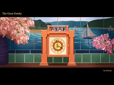 The Great Gatsby clock flower grain graphic deisgn green icon illustration light mountain movie oil painting orange pink river sailing scene sky vintage