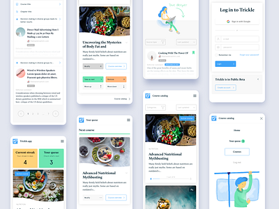 Trickle.app Mobile screens 7ninjas app article bookmark buttons cards dashboard design interaction ios login menu mobile progress bar queue reader ui ux website wishlist