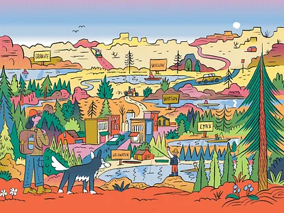 Prescott adventure andres lozano colour digital editorial folioart illustration landscape line map