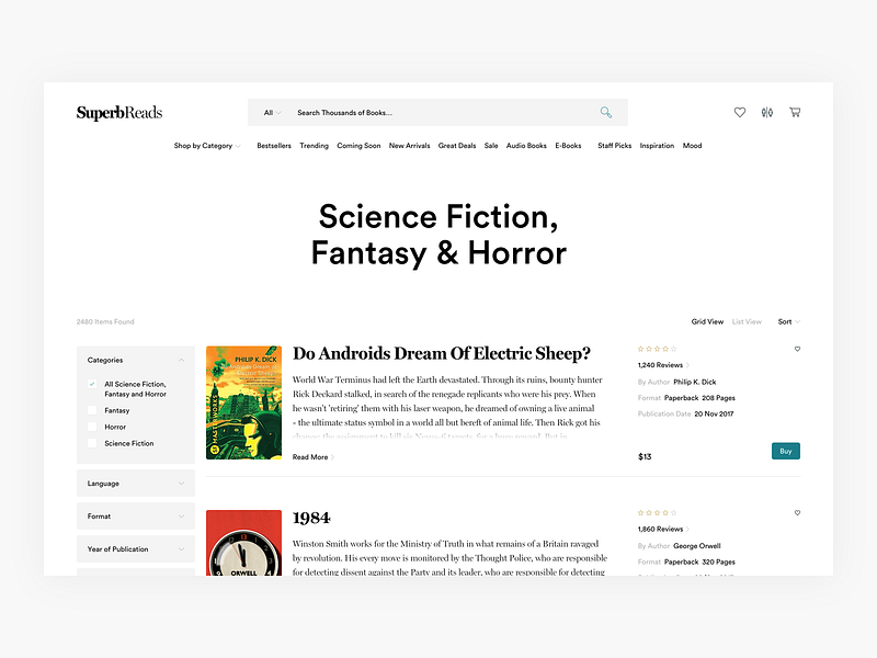 Buy Books List View - E-commerce Exploration book app books bookshop bookstore clean commerce design e commerce ecommerce minimal minimalism shop shopping simple ui uiux user interface ux web shop webshop
