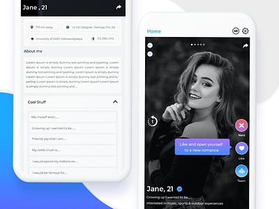 Dating App cards dark datingapp gradient info like love mini icons minimal profile share swipe swipe effect swipe ui tinder swipe trend trending ui user profile