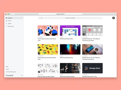 👀 Vision for the v1 of Curated app card clean curated curation design knowledge links minimal search sidebar simple ui ux webapp