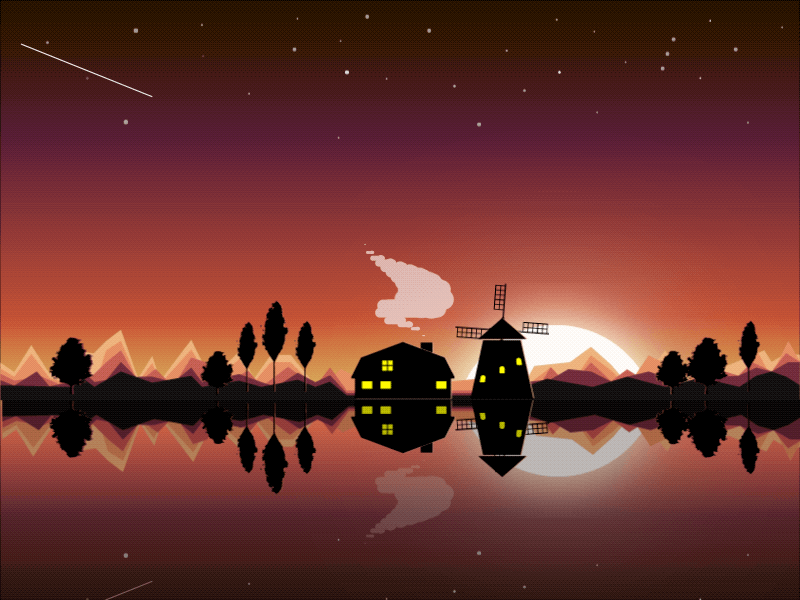 Quiet countryside 2019 ae countryside design illustration lake motion mountain star vector