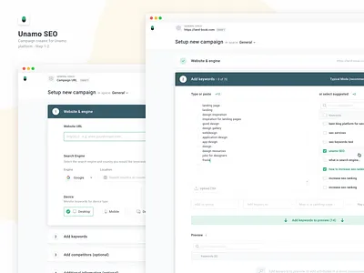 Unamo SEO - New Campaign creator (step 1-2) campaign campaign creator dasboard keywords navigation product page saas setup ui ux website wizard