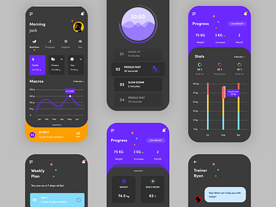 Fitness App (Dark Version) app application blue branding chart clean colorful design fitness gym interface mobile ui uidesign ux vector