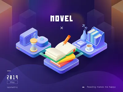 Novel 2.5d book bookcase cup hourglass illustration intelligent isometric radio speakers vase