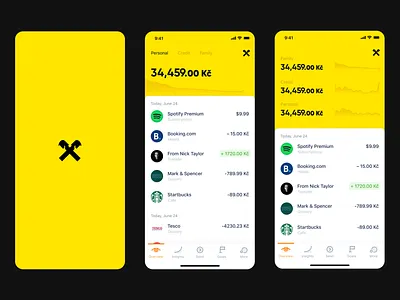 Raiffeisen banking app redesign app bank cards clean dark design fintech flat graph graphic design list main page material mobile promo transactins ui ux vibrant yellow