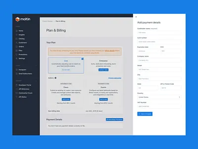 Moltin Billing Concept addons api billing commerce dashboard ecommerce enterprise events flows moltin payment plan subscription