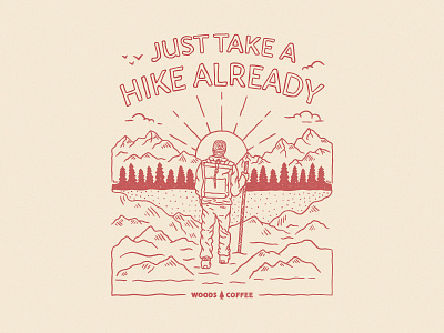 Just Take a Hike Already backpack badge clouds hiker merch mountain outdoor patch pnw shirt sunrise sunset trees