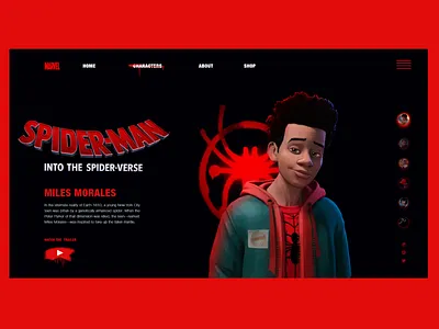 Miles morales character page adobe xd marvel miles morales spiderman spiderman into the spider verse spiderverse ui deisgn webdesign