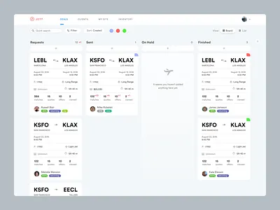 Kanban for Private aviation brokers air aviation board commerce complex complex ui crm dashboad dashboard desktop digital digitalization erp kanban management app private jet product design ui ux uxdn