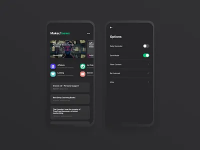 Makernews v2 🐊 android app black dark design feed figma interaction ios iphone x mobile mockup news news feed ui ux