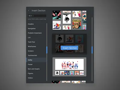Portfolio builder product - Buy/Insert new section in web page app design control panel controller controls invision portfolio builder side bar side panel ui ui design ux design