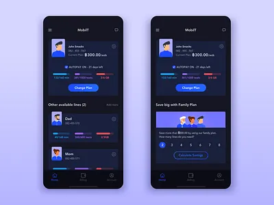 Mobile Operator Dashboard Dark UI app avatar black blue clean daily ui challenge dark dark app design family plan flat illustration mobile mobile operator network sim ui ux