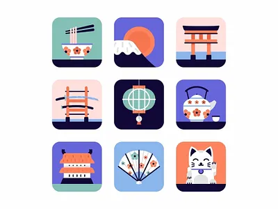 Japan Icon set art chopstick color culture design food house icon icon set icons illustration japan japanese noodle oriental samurai sushi tea tori tradition