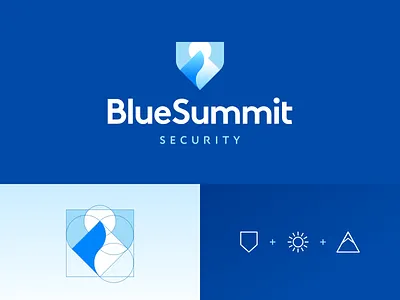 Gradient Logo - Mountain, Sun, Peak, Summit, Shield blue cyan cold brand branding identity business cards stationery gradient logo graphic design designer icon icons symbol logo mountain sun landscape negative space security insurance finance shield crest emblem sky river snow ice