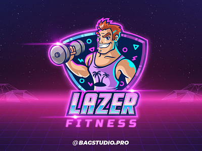 Lazer Fitness Logo 80s cartoon character design esport fitness gym logo mascot muscular neon retro