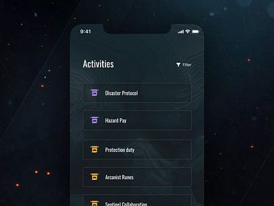 Anthem Companion App Concept - Activities activities anthem app app concept companion concept dark design game ios list ps4 sketch ui ux