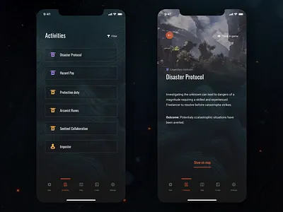 Anthem Companion App Concept - Activities & details activities anthem app app concept companion concept dark design details game ios ps4 sketch ui ux