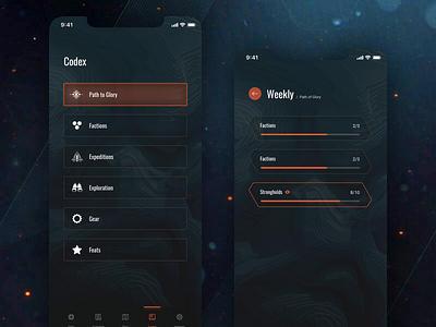 Anthem Companion App Concept - Lore list & Details anthem app app concept challenge companion companion app concept dark design game history ios lore progress progress bar ps4 quest sketch ui ux