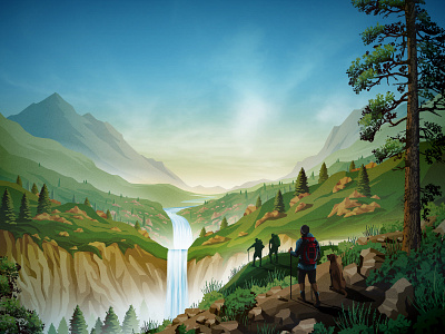 Clif Bar Product Illustration clif bar clouds dan kuhlken dkng dkng studios hiking hills mountains nathan goldman nature rocks sky tree vector waterfall