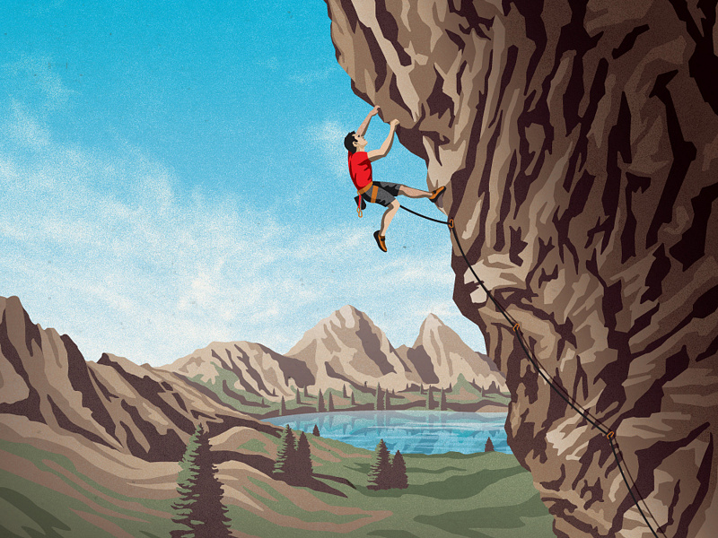 Clif Bar Product Illustration clif bar clouds dan kuhlken dkng dkng studios hills lake mountains nathan goldman rock climbing sky trees vector