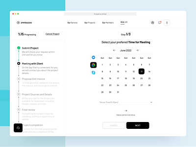 Meeting Page - Agency Website agency app calendar calendly contact dashboard design form google meet hire meeting menu minimal portfolio process skype ui website work flow