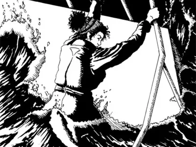 Taking on Water black white boat book art illustration ink drawing ink illustration ocean sailboat sailor waves