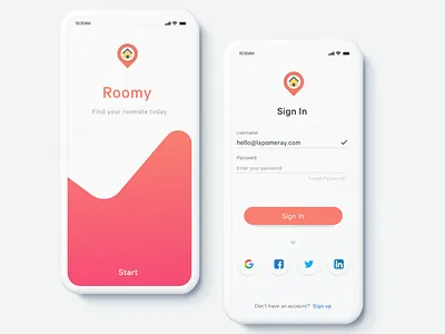 Roomy Sign In check facebook form google ios landing linkedin links mobile orange password screens sign in sign up sketch social media start twitter username walkthrough